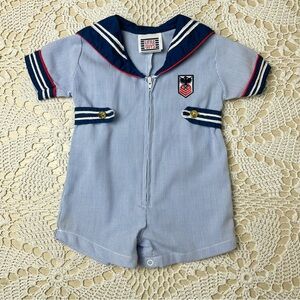Vintage Little Guys Blue & Navy Striped Sailor Romper